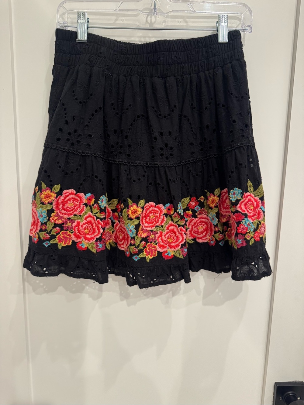 Savanna Jane Black Mini Skirt with Pink & Green Floral Embroidery